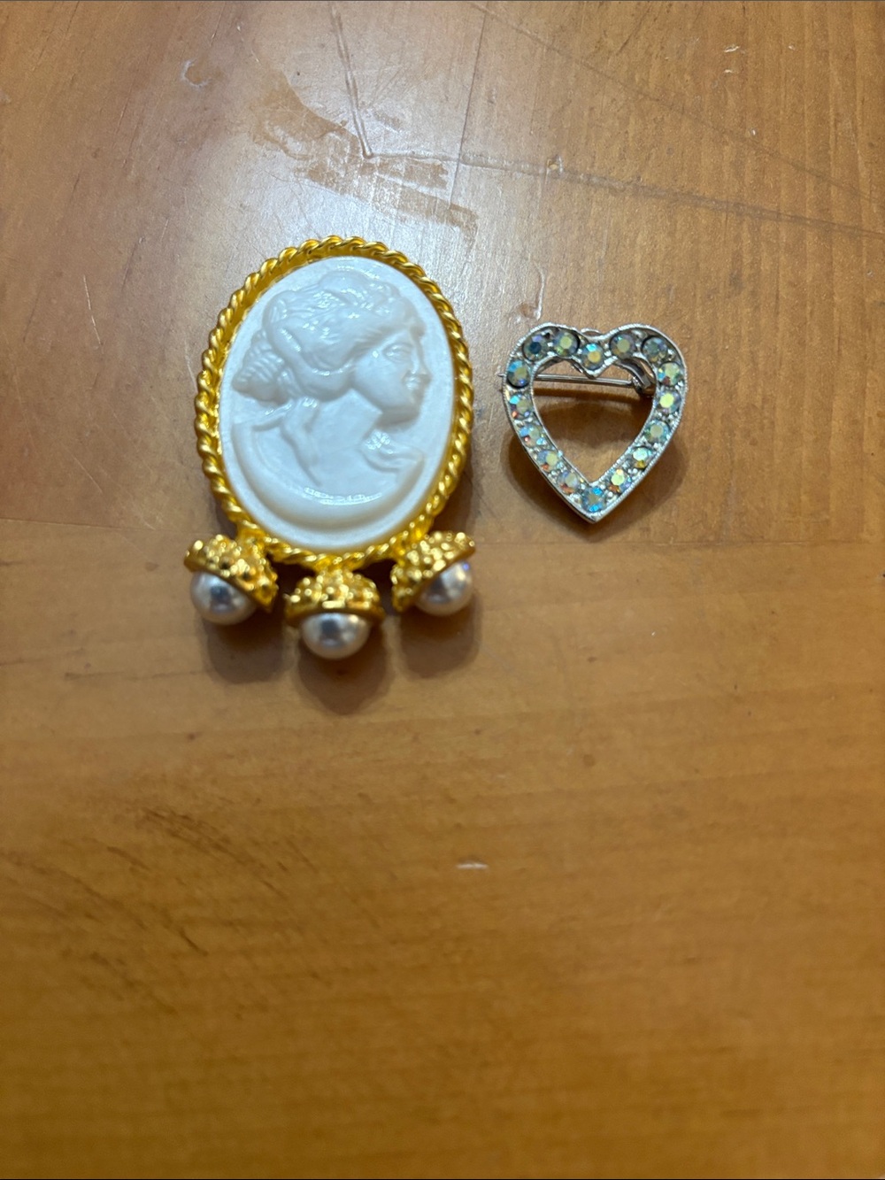 Gold-Tone Cameo Brooch with Pearl Drops - White Cameo